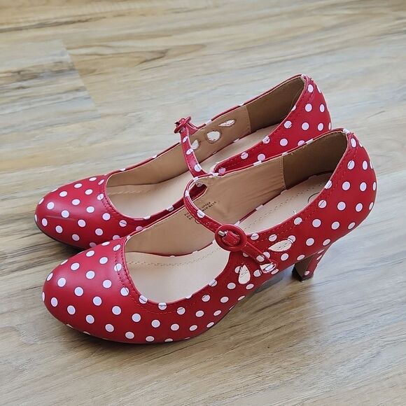 ⛱️J. Adams Red & White Polka Dot Retro Mary Jane Heels Size 8 - Picture 9 of 16